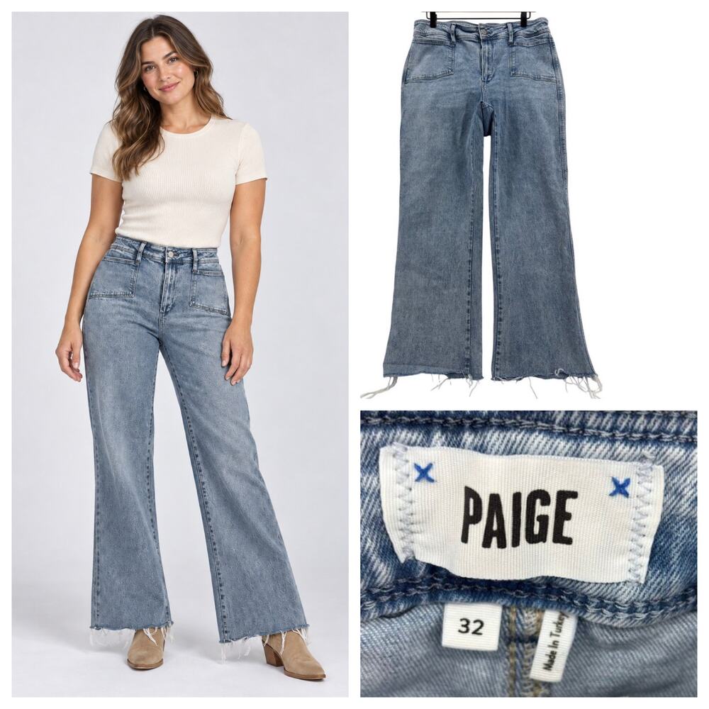 Paige Jeans Leenah Wide Leg Angled Patch Pockets Size 32 L30 Alivia Raw Hem